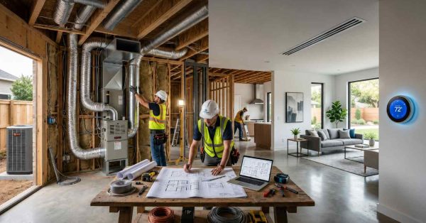 HVAC contractors installing ductwork and climate control systems inside partially finished modern home renovation. Workers review blueprints and connect ventilation equipment beside exposed framing, insulation, and mechanical systems. Completed open-concept living area features minimalist furnishings, polished concrete floors, recessed linear vents, and smart thermostat technology, illustrating residential energy-efficient heating and cooling integration project.