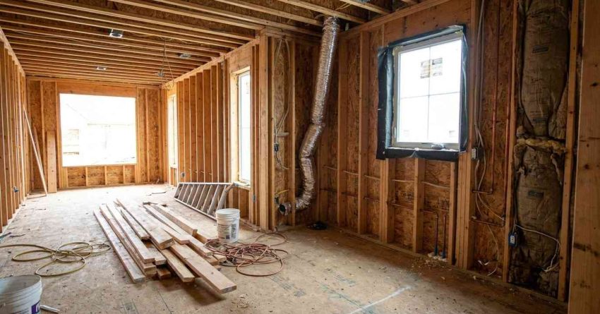 Pre-drywall residential construction site showing exposed framing, electrical wiring, plumbing, HVAC ductwork, and realistic building defects such as missing nail plates, poor air sealing, framing issues, and improperly supported utility systems.