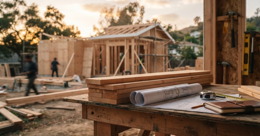 Residential construction site with lumber, rolled blueprints, measuring tools, and a partially framed house, highlighting the home building process.