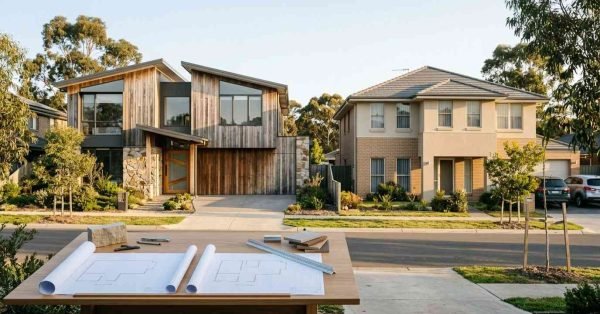 Adjacent custom and production homes showing the visual differences between unique owner-designed architecture and standardised builder home construction.