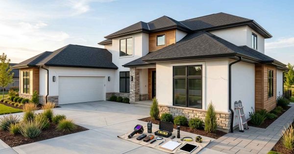 modern residential home with subtle inspection findings and professional home inspection equipment illustrating the process of resolving inspection disagreements without people