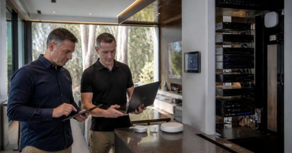 Male homeowner and male smart home technician troubleshooting automation systems, networking equipment, security devices, lighting controls, and smart home infrastructure inside a luxury modern residence after move-in.