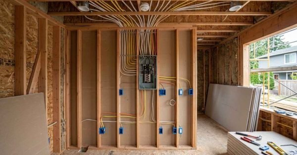 Detached ADU under construction showing an electrical panel, residential wiring, receptacle boxes, lighting circuits, appliance connections, and underground electrical service.