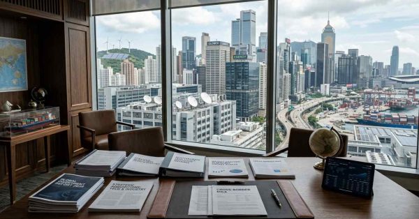 Global business empire featuring office towers, technology campuses, industrial facilities, real estate holdings, and financial planning materials, representing the immense scale of wealth required to become the world's first trillionaire.