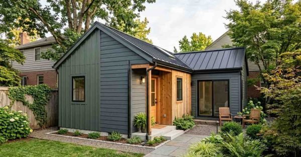 Detached ADU with fiber-cement siding, board-and-batten cladding, natural timber accents, and durable exterior detailing.