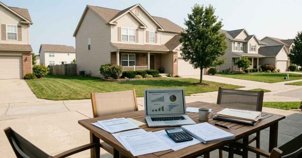 Affordable suburban home with mortgage planning documents, calculator, budgeting materials, and a realistic middle-class neighborhood setting, representing how much house a buyer can afford on a $70,000 salary.