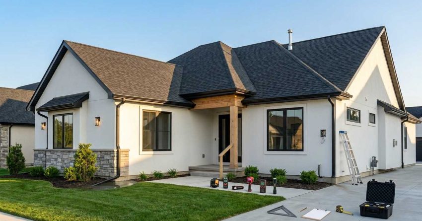 newly constructed modern home showing subtle building code defects that commonly cause final inspection failures with professional inspection equipment and no people