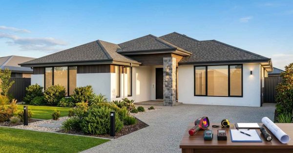 newly completed modern home prepared for a final walkthrough inspection showing premium construction quality subtle punch list items and professional inspection equipment without people