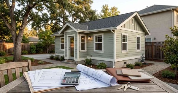 Detached ADU with blank financing and insurance documents, architectural plans, property materials, and keys representing ADU financing and insurance options.