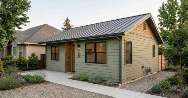 Fire-safe detached ADU with ignition-resistant siding, Class A roofing, ember-resistant vents, tempered windows, defensible landscaping, and clear emergency access.