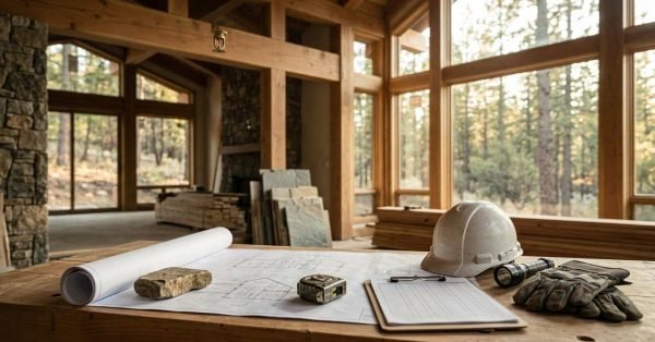 Construction site planning table inside a post-and-beam park model home during the framing phase, displaying an unrolled architectural blueprint held down by a fieldstone and measuring tape, an inspection checklist on a clipboard, a hard hat, a flashlight, and heavy-duty work gloves. A fire sprinkler head is visible hanging from the exposed timber ceiling beam above, with stone veneer wall accents, stacked building supplies, and expansive floor-to-ceiling windows looking out into a surrounding forest in the background.
