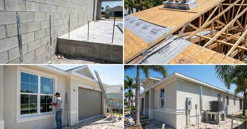Florida coastal-style home under construction showing concrete block walls, hurricane straps, impact-resistant windows, reinforced roofing systems, engineered trusses, and storm-resistant building features inspected during multiple construction phases.