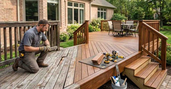 Contractor evaluates a weathered wooden deck during a renovation project, comparing damaged, aging boards with newly installed decking. Tools, fasteners, and replacement boards are arranged nearby. Fresh stairs and railings connect to an upgraded outdoor living space with patio furniture, highlighting the deck restoration and partial replacement process.