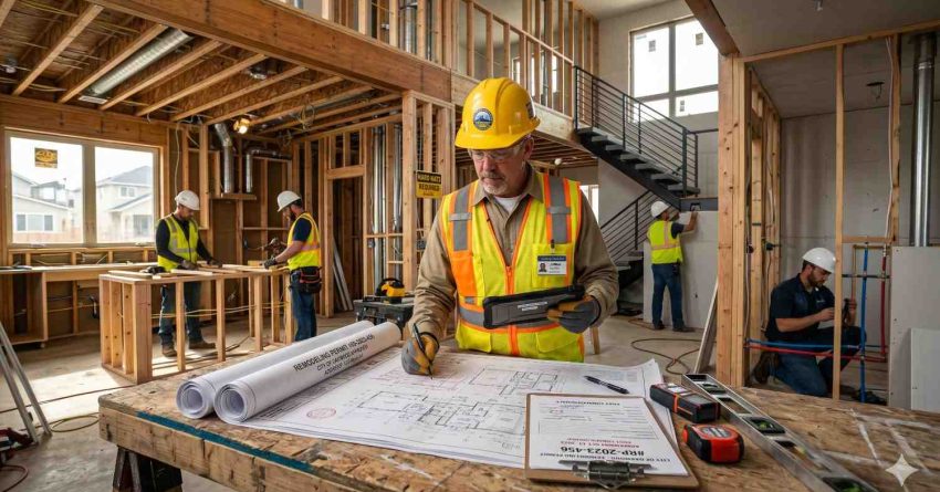 Construction site supervisor reviewing architectural blueprints and inspection documents inside unfinished residential home framing. Workers install drywall, framing, and utilities throughout open-concept interior while manager uses tablet for project coordination. Exposed wood beams, stairway, safety equipment, measuring tools, and active tradespeople illustrate professional custom home construction and on-site quality management process.