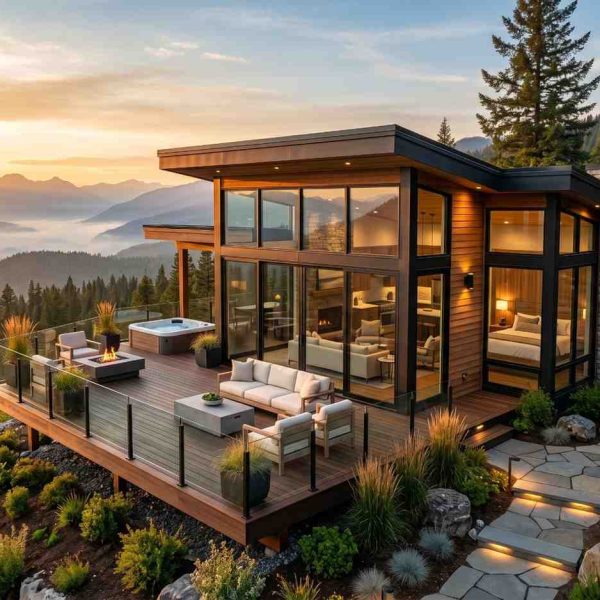 Luxury modern mountain home with an elevated composite deck, outdoor lounge seating, hot tub, and glass railings overlooking scenic forest and mountain views. Custom deck design enhances outdoor living, showcasing premium deck construction, landscape integration, and high-end residential architecture at sunset.