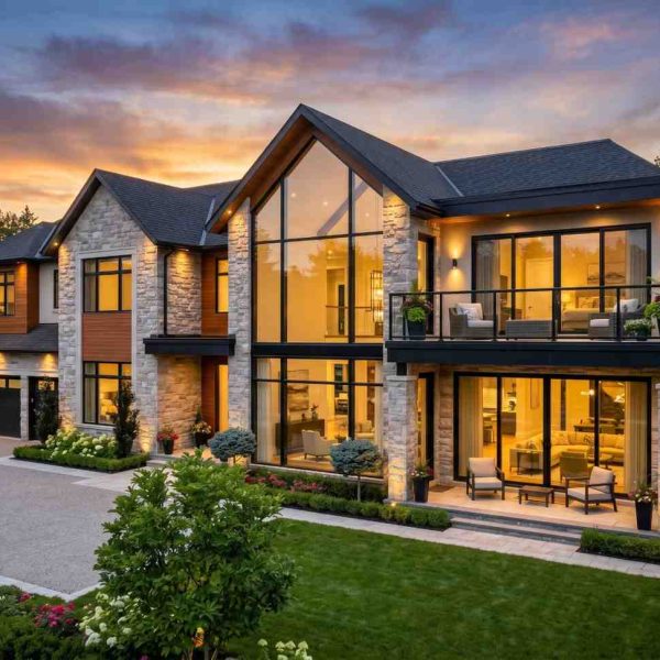 Luxury custom home with stone facade, floor-to-ceiling windows, and expansive balcony overlooking landscaped grounds at sunset. Modern mansion featuring premium exterior lighting, contemporary architecture, spacious outdoor living areas, and upscale luxury real estate design.