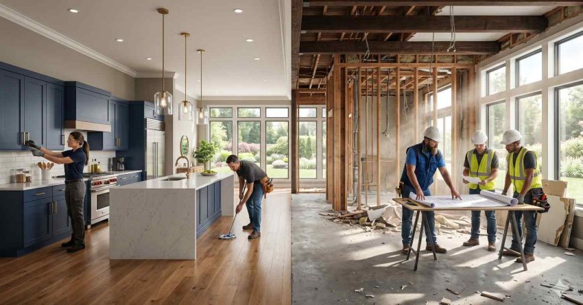 Split-screen image showing a finished modern kitchen renovation beside an unfinished construction space. One side features completed cabinetry and cleaning, while the other shows exposed framing, contractors reviewing blueprints, and active remodeling work.