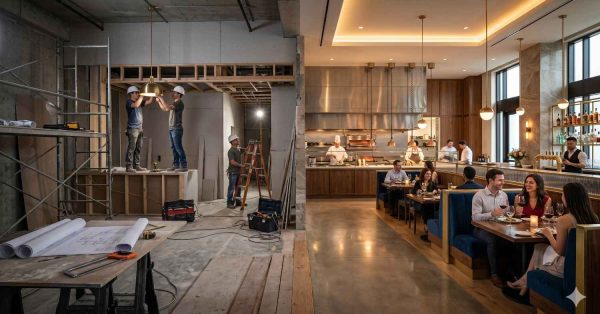 Side-by-side commercial restaurant construction and completed dining space showcasing dramatic hospitality renovation transformation. Construction workers install lighting and interior finishes beside elegant modern restaurant with seated guests, open kitchen, warm lighting, and upscale décor. Scaffolding, blueprints, and tools contrast with polished booths, bar seating, and active fine dining atmosphere successfully.