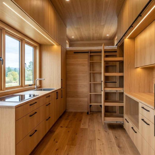 Modern tiny house interior with custom wood cabinetry, loft bedroom access, built-in storage, and a compact kitchen. Space-efficient tiny home design showcases luxury finishes, natural light, smart organization, and sustainable living solutions for affordable, minimalist housing.