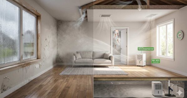 A split-screen comparison shows a damp mold-damaged room beside a dry restored interior using dehumidifiers and airflow systems, illustrating moisture control, improved ventilation, and humidity reduction after water damage remediation.