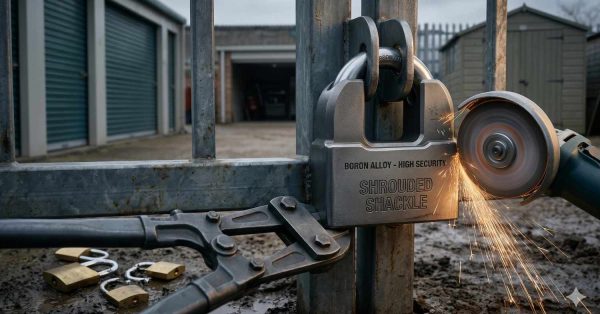 Close-up of a high-security storage facility gate secured with a heavy-duty shrouded shackle padlock made from boron alloy. An angle grinder creates sparks while attempting to cut the lock. Nearby bolt cutters and additional padlocks emphasize physical security, access control, theft prevention, and resistance to forced entry attacks.