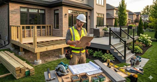 Construction supervisor reviews deck building plans and project specifications beside a residential backyard deck installation. The image contrasts a partially framed wooden deck under construction with a completed composite deck featuring modern railings and stairs. Building materials, tools, and blueprints highlight professional deck design, planning, construction management, and quality craftsmanship services.