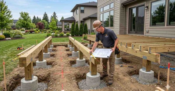 Contractor measures and verifies deck foundation layout during residential deck construction. Concrete footings, support posts, and framing beams are installed beside a house while the builder reviews blueprints. String lines and markings guide placement. The image highlights deck planning, structural accuracy, foundation preparation, and professional outdoor construction practices.