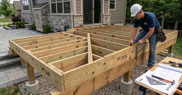 Contractor measures and verifies deck framing dimensions during residential deck construction. Wearing a hard hat and tool belt, he checks joist spacing and structural layout on a raised wooden frame supported by concrete footings. Construction plans and measuring tools nearby highlight precision, code compliance, and quality deck-building practices.