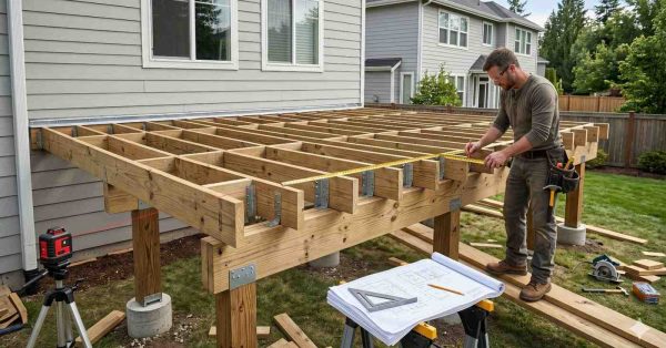 Contractor measuring and building a backyard deck frame beside a suburban home. The wooden deck structure includes support posts, joists, and hardware, with construction plans and tools visible, illustrating the deck installation process for a residential outdoor living project.