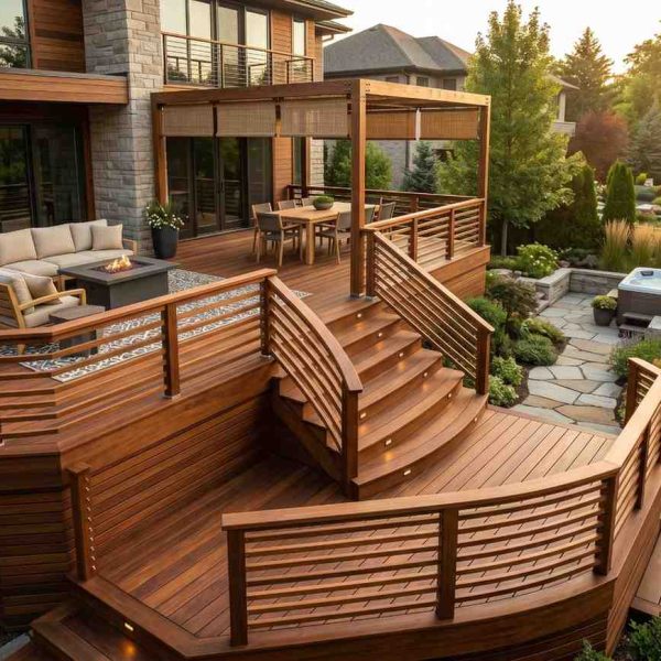 Luxury multi-level hardwood deck with custom railings, built-in lighting, pergola-covered dining area, outdoor fire table, and landscaped backyard retreat. Premium outdoor living space showcasing custom deck construction, upscale home renovation, and luxury backyard design with spa and entertainment features.