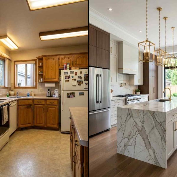 Kitchen remodel before-and-after comparison showcasing a dated traditional kitchen transformed into a luxury modern design. Contemporary kitchen renovation featuring a quartz waterfall island, custom cabinetry, designer lighting, premium appliances, hardwood flooring, and high-end residential remodeling.