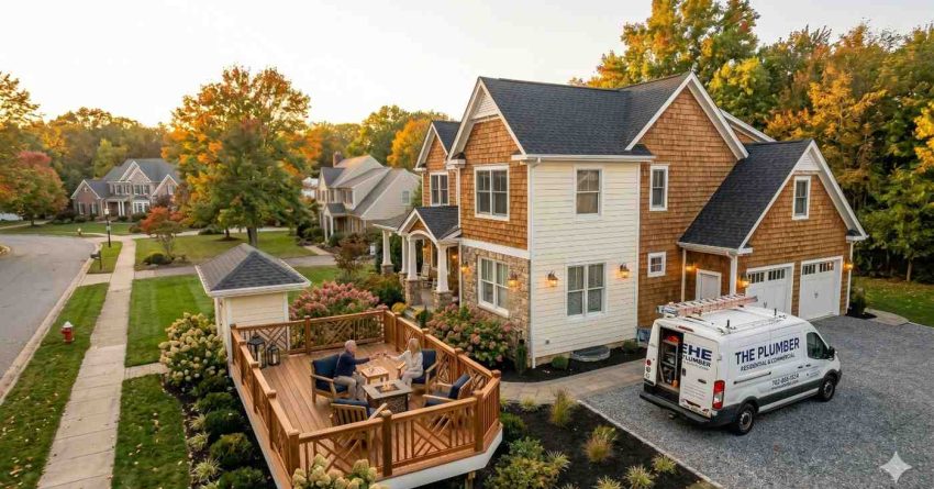 Aerial view of a suburban home with a newly built wooden backyard deck, outdoor seating, and fire table. A plumbing service van is parked in the driveway, surrounded by landscaped gardens and neighboring houses during autumn evening light.