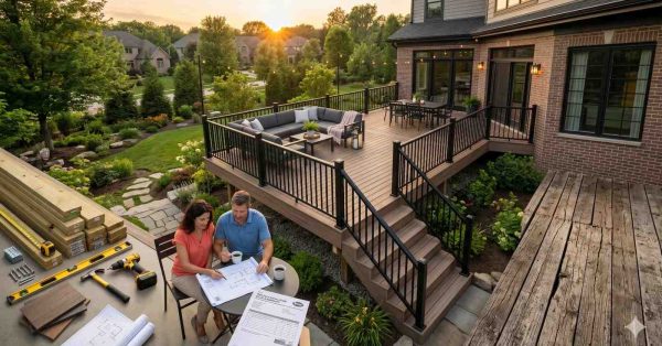 Homeowners review deck renovation plans beside a newly completed elevated backyard deck with black railings, outdoor seating, and landscaped gardens at sunset. Construction tools, lumber samples, and blueprints sit nearby, while an unfinished weathered deck section contrasts with the modern upgrade, highlighting residential deck remodeling, outdoor living design, and home improvement planning.