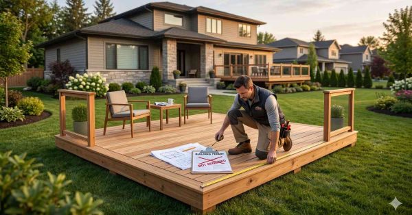 A contractor measures a newly built backyard deck in a suburban yard while reviewing construction plans and permit paperwork. The finished wooden platform features seating and railings, with a modern family home and landscaped lawn in the background.