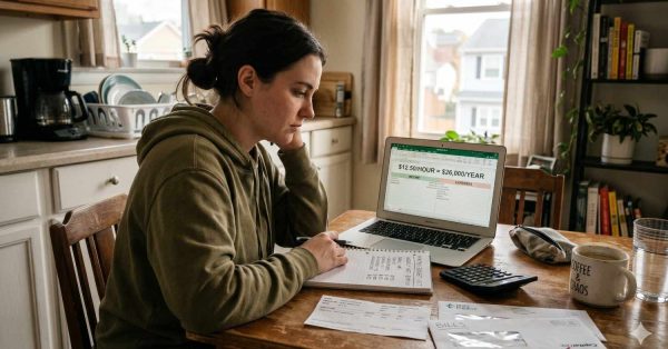 Woman reviews household finances and bills at a kitchen table while using a laptop displaying income and expense calculations. A calculator, notebook, and unpaid bills highlight personal budgeting or financial stress at home.
