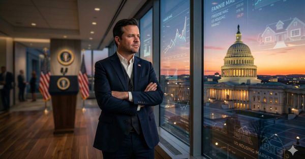 A businessman stands in a government office overlooking the U.S. Capitol at sunset. Financial charts and housing market data appear on the window, highlighting mortgage trends, Fannie Mae performance, and U.S. housing market analysis.