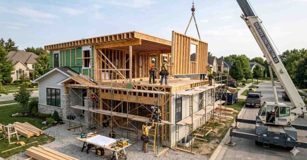 Large residential construction project in suburban neighborhood featuring multi-story wood-frame house under development. Crane lifts prefabricated wall panel while construction workers coordinate installation from scaffolding and rooftop. Exposed framing, building materials, and architectural plans demonstrate active custom home construction process. Surrounding completed homes and streetscape provide modern community residential development context.