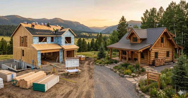 A side-by-side comparison shows a mountain home under construction beside a completed rustic log cabin, with workers roofing the unfinished structure and scenic forests and mountains surrounding the rural property at sunset.