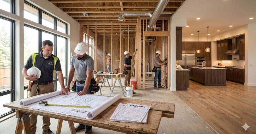 Construction team reviews blueprints and permits inside a home renovation project. Workers install framing, plumbing, and electrical systems while a completed modern kitchen is visible beside the unfinished interior space.