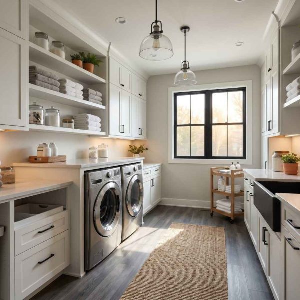 Modern laundry room renovation with custom white cabinetry, quartz countertops, farmhouse utility sink, front-load washer and dryer, open shelving, and abundant storage. Bright, functional laundry room design featuring premium finishes, organized workspace, and stylish home remodeling craftsmanship.