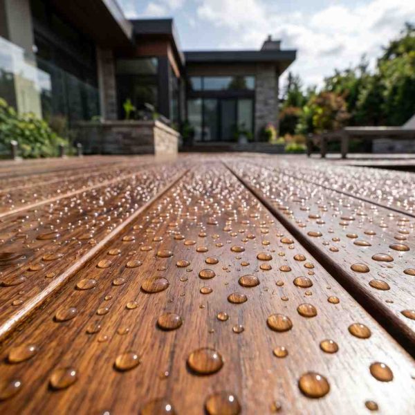Close-up of water-resistant hardwood deck boards with rain droplets beading on the surface outside a modern luxury home. Premium deck sealing and waterproofing showcase durable wood protection, deck maintenance, weather-resistant finishes, and professional outdoor living space care for long-lasting performance and beauty.