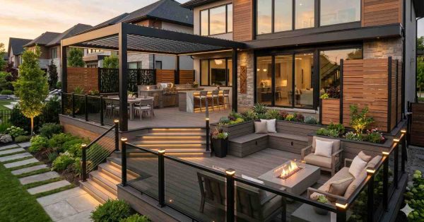 Modern multi-level backyard deck featuring a pergola-covered outdoor kitchen, dining area, built-in seating, fire table, illuminated stairways, and sleek cable railings. The contemporary outdoor living space blends composite decking, landscaped planters, and privacy screens, creating a luxurious entertainment area that seamlessly extends the home’s indoor living environment.