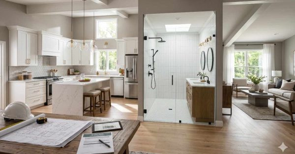 A completed home renovation showcases a bright, modern interior featuring an updated kitchen, luxury bathroom, and comfortable living room. White cabinetry, quartz countertops, wood flooring, and contemporary fixtures create a cohesive design. Construction plans, a hard hat, and project documents in the foreground highlight the remodeling and planning process.
