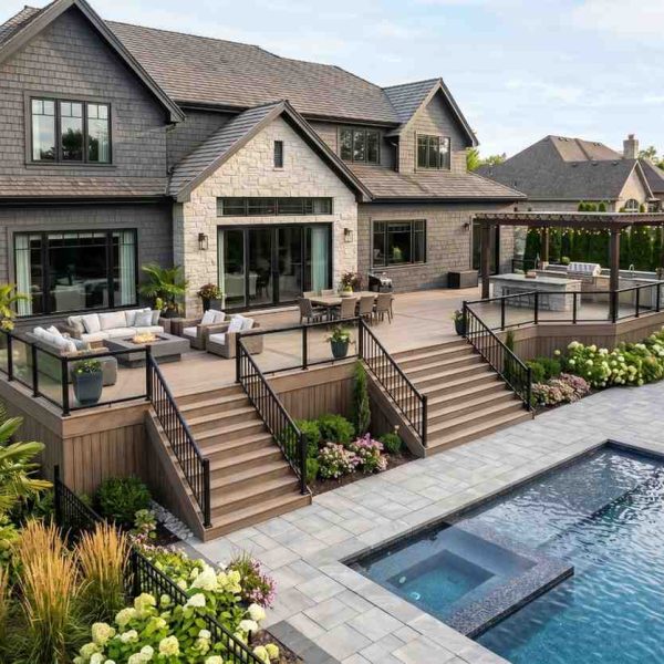 Luxury multi-level composite deck with glass railings, wide staircases, outdoor seating, and pergola beside a modern home. Custom backyard living space overlooks a swimming pool and landscaped gardens, showcasing premium deck installation, outdoor entertaining, residential renovation, and high-end exterior design.