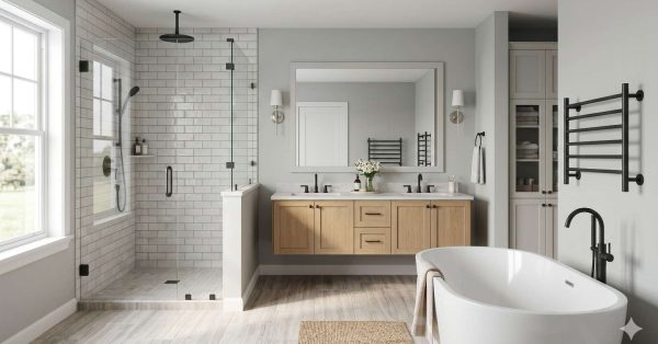 Modern spa-style bathroom featuring a freestanding soaking tub, glass walk-in shower, floating wood vanity with double sinks, and black matte fixtures. Bright natural light, subway tile walls, heated towel racks, and minimalist décor create a clean contemporary interior. Neutral tones and elegant finishes highlight luxury residential bathroom remodeling and modern home design.