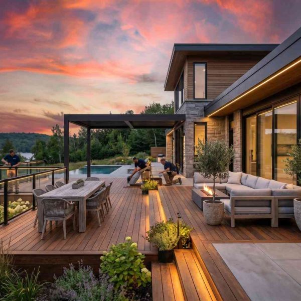 Luxury outdoor living deck with modern waterfront home, custom hardwood decking, contemporary patio furniture, glass railing system, and landscaped outdoor entertainment space. Premium residential deck design showcasing outdoor renovation, lakeside luxury living, and upscale backyard architecture at sunset.