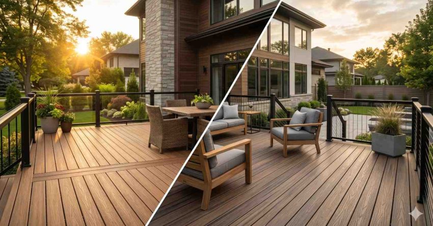 Split-image comparison of a modern outdoor deck attached to a contemporary home during golden hour. The spacious composite deck features black railings, outdoor seating, dining furniture, and landscaped surroundings. Large windows and clean architectural lines highlight upscale residential design, while the side-by-side layout emphasizes durability, style, comfort, and functional outdoor living space.