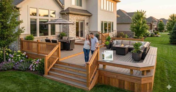 Homeowners stand on a spacious, multi-level backyard deck attached to a modern house, enjoying an upgraded outdoor living area. The deck features railings, stairs, lounge seating, dining furniture, landscaping, and a fire table. A nearby growth chart symbolizes increased home value, improved curb appeal, and outdoor enjoyment.