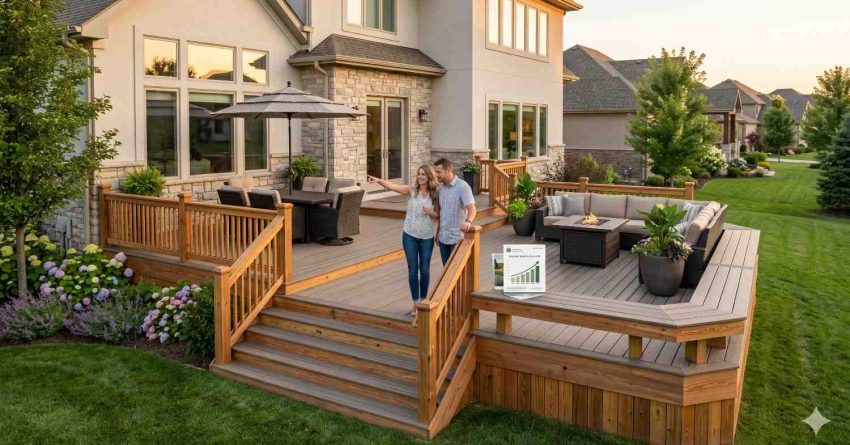 Homeowners stand on a spacious, multi-level backyard deck attached to a modern house, enjoying an upgraded outdoor living area. The deck features railings, stairs, lounge seating, dining furniture, landscaping, and a fire table. A nearby growth chart symbolizes increased home value, improved curb appeal, and outdoor enjoyment.
