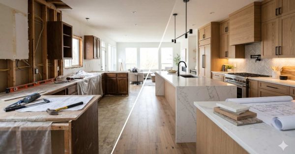 Split-view kitchen renovation comparison showing outdated unfinished space transforming into completed modern luxury kitchen. Exposed framing, construction tools, and old cabinetry contrast with elegant wood cabinets, marble waterfall island, herringbone backsplash, pendant lighting, and hardwood flooring. Architectural plans and material samples illustrate residential remodeling process from demolition through sophisticated contemporary interior completion.